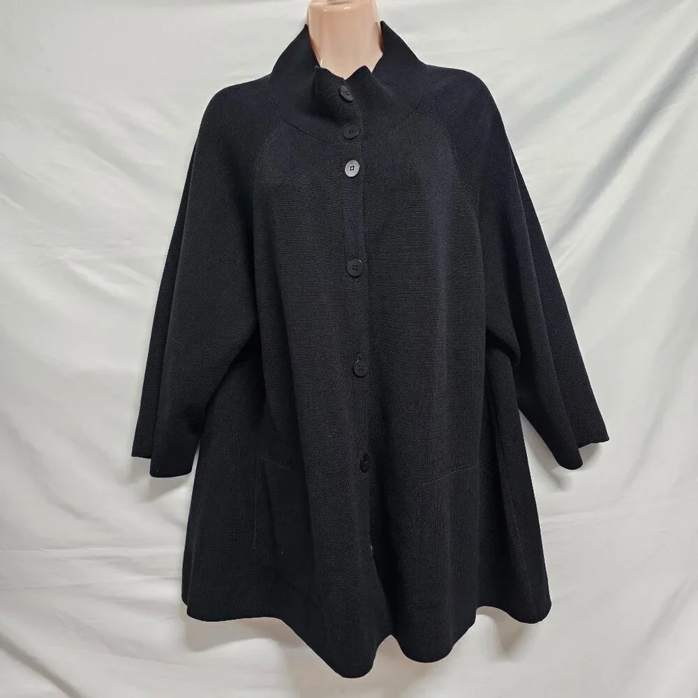 Eileen Fisher Button Up Mock Neck Kimono Jacket Women Size L Black Silk/Cotton - Picture 3 of 13